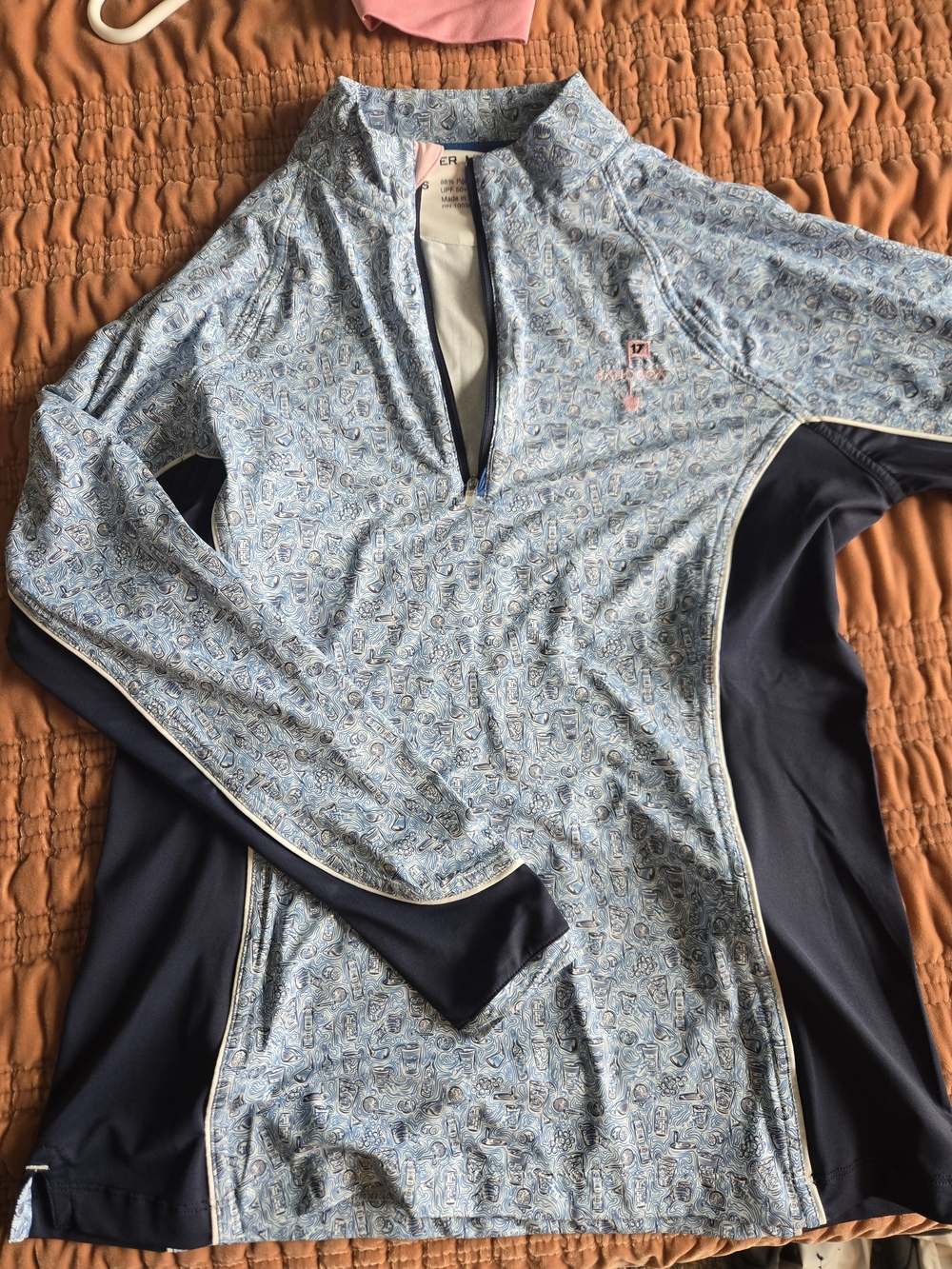 Peter Millar Light Blue Patterned Half-Zip Pullover with Navy Panels